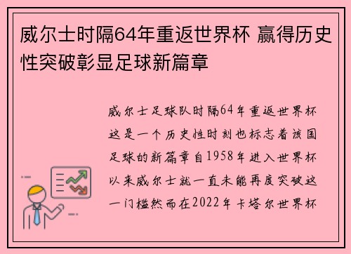 威尔士时隔64年重返世界杯 赢得历史性突破彰显足球新篇章 威尔士时隔64年重返世界杯 赢得历史性突破彰显足球新篇章